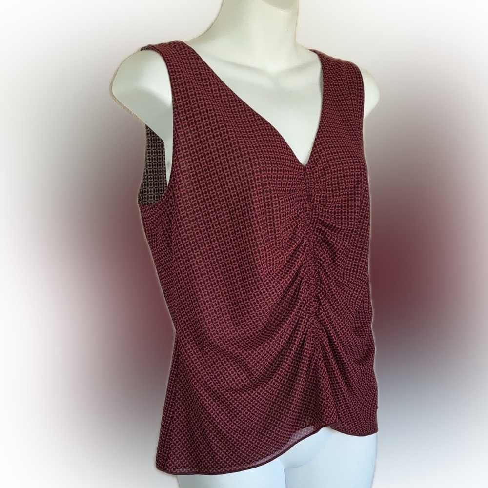 Reversible Tank Top, women's L, Brown/maroon print, Sleeveless, ruched front EUC